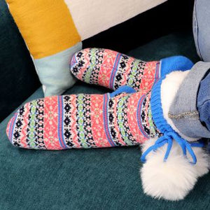 BLUE MIX JAZZY HEARTS FAIRISLE SLIPPER SOCKS LINED WITH SHERPA