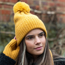 Load image into Gallery viewer, MUSTARD 52% RECYCLED YARN MINI CABLE KNIT FAUX FUR POMPOM HAT
