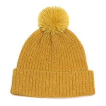 Load image into Gallery viewer, MUSTARD 52% RECYCLED YARN MINI CABLE KNIT FAUX FUR POMPOM HAT
