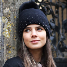 Load image into Gallery viewer, BLACK VISCOSE BLEND HAT WITH STUDDED TRIM &amp; FAUX FUR POMPOM
