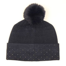 Load image into Gallery viewer, BLACK VISCOSE BLEND HAT WITH STUDDED TRIM &amp; FAUX FUR POMPOM
