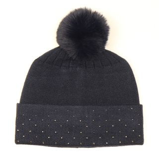 BLACK VISCOSE BLEND HAT WITH STUDDED TRIM & FAUX FUR POMPOM