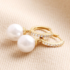 Pearl Drop Crystal Huggie Hoop Earrings in Gold