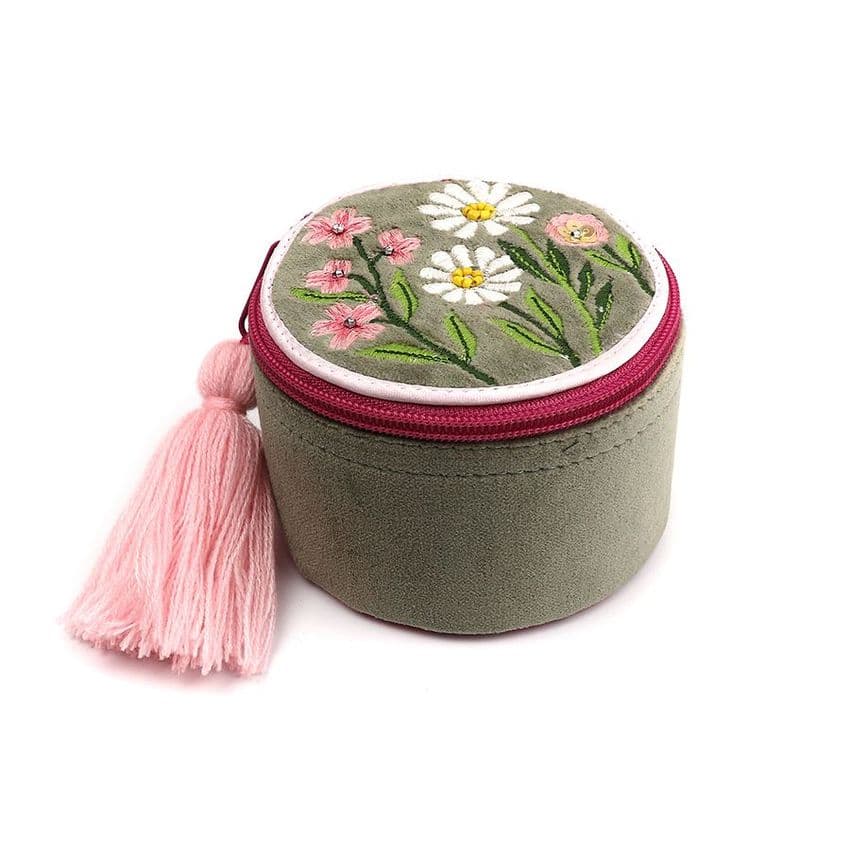 SAGE GREEN AND PINK VELVET TRINKET BOX IN MEADOW EMBROIDERY WITH BEE
