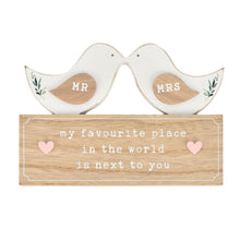 Load image into Gallery viewer, Love Story Love Birds Mantel Plaque &quot;Mr&quot; &amp; &quot;Mrs&quot;
